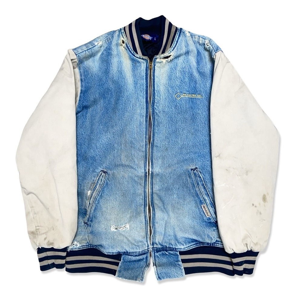 Vintage Dickies Denim Bomber Jacket Mens L Distressed Varsity Workwear Thrashed